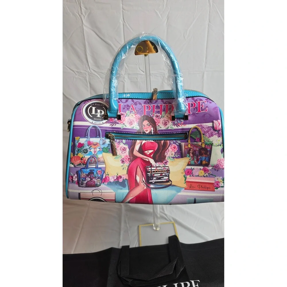 La Philipe Bold Beauty Satchel Handbag Turquoise Purple Floral Graphic LP1020